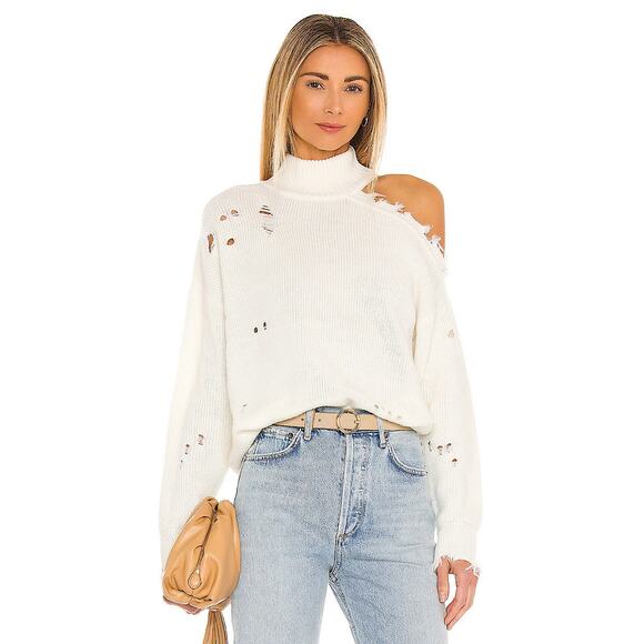 A072 • Distressed Cold-Shoulder Ivory Turtleneck Sweater - Picture 1 of 4